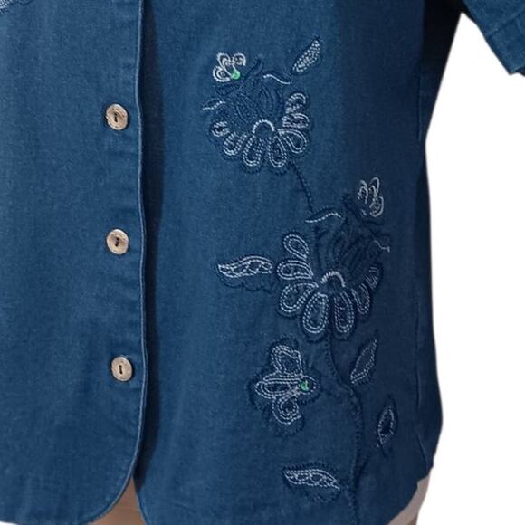 VINTAGE ALFRED DUNNER Stretch Denim Jean Top Shirt Blouse‎ 8 Floral Embroidery - Picture 5 of 9